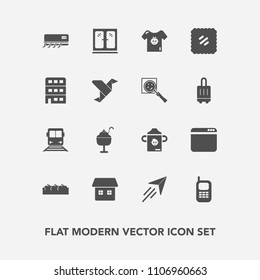 Modern, simple vector icon set with milk, cream, paper, mobile, house, train, conditioning, plane, clothes, ice, browser, transportation, website, baby, box, travel, flight, cabinet, plastic icons