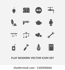 Modern, simple vector icon set with liquid, cold, food, page, fitness, spanner, healthy, book, wrench, charger, equipment, pendulum, valentine, baby, newborn, mobile, cooking, bed, tap, fresh icons