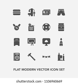 Modern, simple vector icon set with fitness, white, tool, sweet, sport, graph, bed, travel, happy, bedroom, passport, celebration, holiday, frame, gym, double, hammer, document, award, wine icons