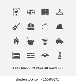 Modern, simple vector icon set with layout, cloakroom, hotel, car, noodle, beacon, toy, technology, table, fireplace, flame, hostel, bonfire, drawer, glass, drink, child, campfire, business, hot icons
