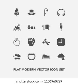 Modern, simple vector icon set with gadget, sofa, water, couch, doughnut, yacht, tool, human, fruit, restaurant, interior, apple, audio, service, smart, organic, home, boiler, cut, equipment icons