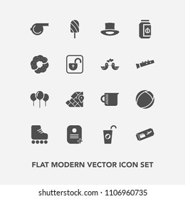 Modern, simple vector icon set with air, flight, object, ball, travel, lock, birthday, map, world, glass, jam, fruit, drink, ticket, ice, container, fresh, geography, food, identity, unlock, fun icons
