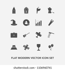 Modern, simple vector icon set with guitar, spray, glass, health, space, bath, faucet, wine, tea, teapot, landscape, airplane, sink, plane, bathroom, music, technology, planet, mountain, shower icons