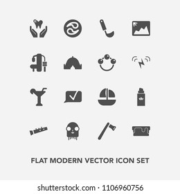 Modern, simple vector icon set with kitchen, monster, ship, space, chat, picture, food, bottle, musical, drink, hammer, ladle, dentist, axe, ufo, screwdriver, perfume, healthy, white, cooking icons