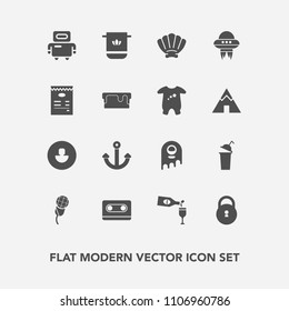Modern, simple vector icon set with spacecraft, soft, alien, shell, music, robot, sound, glass, fiction, tape, anchor, security, bathroom, ufo, cassette, beverage, retro, cyborg, wine, sign, red icons