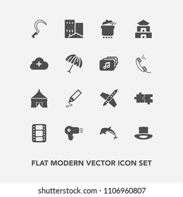 Modern, simple vector icon set with film, rocket, animal, pot, garden, office, movie, asia, dryer, pagoda, cloud, building, wildlife, agriculture, craft, circus, hat, add, estate, travel, tent icons