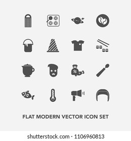Modern, simple vector icon set with equipment, work, astronomy, space, caffeine, hot, teapot, worker, drink, painter, graphic, white, temperature, food, fish, fashion, retro, sign, grater, gas icons