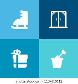 Modern, simple vector icon set on colorful background with white, modern, room, light, shoe, summer, window, kid, sign, outdoor, interior, sport, skate, birthday, toy, activity, ice, glass, new icons
