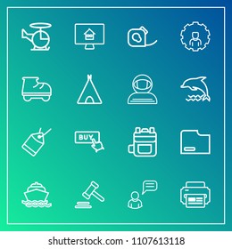 Modern, simple vector icon set on gradient background with water, web, house, yacht, internet, lawyer, bag, boat, aircraft, document, ocean, label, tag, person, backpack, legal, helicopter, file icons