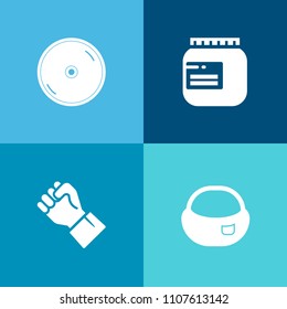 Modern, simple vector icon set on colorful background with communication, object, color, business, food, backpack, book, sweet, white, record, people, digital, connection, label, technology, bag icons