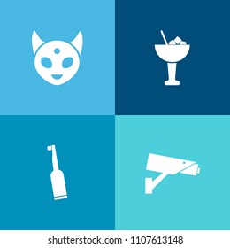 Modern, simple vector icon set on colorful background with fantasy, tooth, electric, fiction, alien, lemon, juice, bar, dentist, cctv, drink, protection, humanoid, lime, cocktail, liquid, guard icons