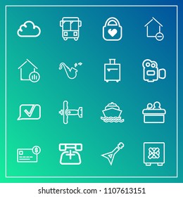 Modern, simple vector icon set on gradient background with public, aircraft, yacht, credit, property, phone, lock, balance, fashion, conference, telephone, white, presentation, object, call, bus icons