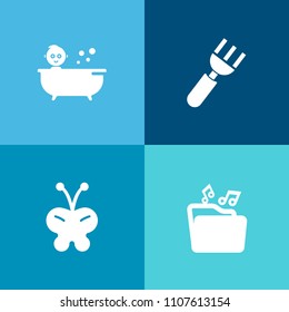 Modern, simple vector icon set on colorful background with clean, menu, restaurant, bathtub, insect, childhood, blue, animal, white, butterfly, video, web, fork, knife, music, dining, food, boy icons