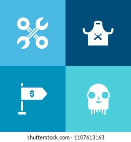 Modern, simple vector icon set on colorful background with alien, reparation, repair, cook, repairman, banking, shape, humanoid, character, restaurant, spaceship, fantasy, house, invaders, work icons