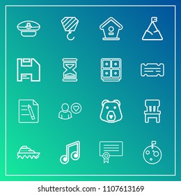 Modern, simple vector icon set on gradient background with certificate, paper, animal, birdhouse, success, music, cap, profile, bear, template, chair, bird, musical, document, flag, captain, sea icons