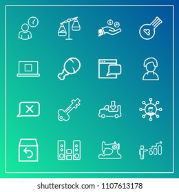 Modern, simple vector icon set on gradient background with personal, play, vintage, development, craft, shipping, transportation, player, chat, sound, box, screen, sew, old, communication, white icons