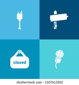 Modern, simple vector icon set on colorful background with shop, concert, speech, party, white, ice, business, audio, cold, red, street, retail, road, radio, voice, pointer, celebrate, karaoke icons