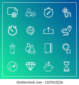 Modern, simple vector icon set on gradient background with medicine, tobacco, money, finger, equipment, technology, internet, tool, architecture, cigarette, investment, page, no, award, tower icons