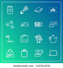 Modern, simple vector icon set on gradient background with tin, hot, tv, blue, can, airport, gift, present, luggage, fashion, talk, kettle, planet, speech, doorknob, room, aluminum, hanger, bag icons