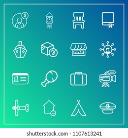 Modern, simple vector icon set on gradient background with lens, airport, military, camp, war, identification, cap, video, tripod, removal, account, identity, financial, tower, airplane, home icons