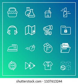 Modern, simple vector icon set on gradient background with iron, rewind, technology, player, equipment, scale, night, grass, business, laboratory, housework, help, summer, thermometer, clothes icons