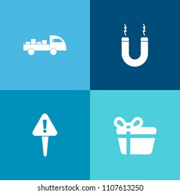 Modern, simple vector icon set on colorful background with vehicle, birthday, box, present, web, energy, magnet, technology, point, cargo, metal, hazard, decoration, exclamation, attract, bow icons