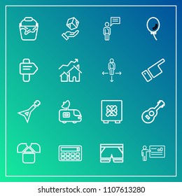 Modern, simple vector icon set on gradient background with person, calculator, guitar, people, holiday, musical, arrow, white, safe, meeting, security, shorts, button, business, template, bucket icons