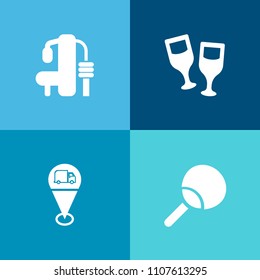 Modern, simple vector icon set on colorful background with leisure, pointer, beverage, ball, exercise, map, diet, training, fitness, liquid, health, pour, wineglass, pin, machine, play, healthy icons