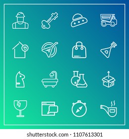 Modern, simple vector icon set on gradient background with laboratory, tool, builder, key, destruction, communication, pipe, modern, lock, game, glass, old, retro, web, window, box, crash, south icons