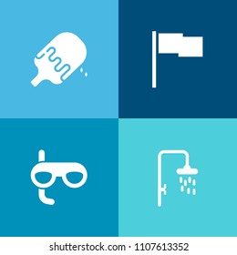 Modern, simple vector icon set on colorful background with chocolate, travel, waffle, hygiene, flag, dive, strawberry, silhouette, ice-cream, scuba, dessert, shower, water, tasty, bath, wash icons