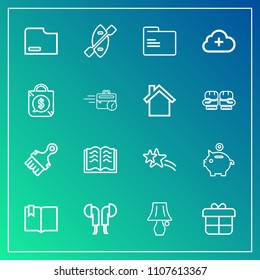 Modern, simple vector icon set on gradient background with lamp, gift, , audio, paddle, internet, switch, sound, money, bulb, page, oar, literature, technology, sign, document, decoration, paper icons