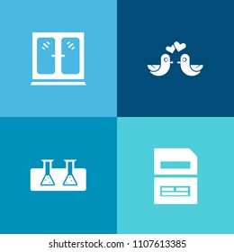 Modern, simple vector icon set on colorful background with information, biology, valentine, white, internet, home, wood, romance, decoration, file, dove, test, modern, bird, room, medicine, save icons