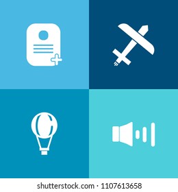 Modern, simple vector icon set on colorful background with parachute, airplane, interface, business, transportation, speaker, element, aircraft, parachuting, volume, identity, high, plane, audio icons