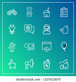 Modern, simple vector icon set on gradient background with building, sea, business, chair, megaphone, summer, house, page, sign, loud, wheel, air, estate, cocktail, speaker, holiday, click, real icons