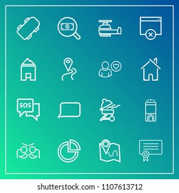 Modern, simple vector icon set on gradient background with concept, search, bbq, template, carnival, bubble, extreme, success, travel, danger, certificate, help, graph, skater, find, skateboard icons