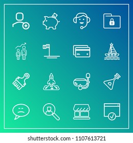 Modern, simple vector icon set on gradient background with shop, business, bubble, shuttle, office, account, center, coin, paintbrush, mask, instrument, speech, delete, user, sea, bank, computer icons