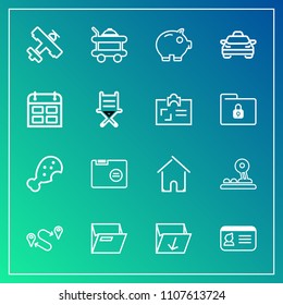 Modern, simple vector icon set on gradient background with paper, food, service, cash, waste, meal, building, technology, id, position, chicken, estate, car, box, house, bed, destination, arrow icons