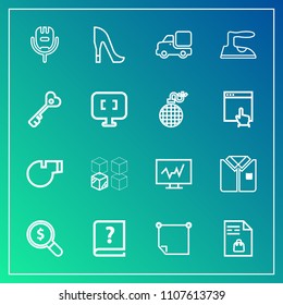 Modern, simple vector icon set on gradient background with medicine, paper, voice, female, object, list, stick, diagnostic, high, graphic, shirt, market, sport, fashion, song, music, whistle icons