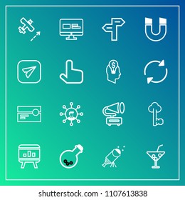 Modern, simple vector icon set on gradient background with communication, technology, metal, plane, aircraft, screen, cocktail, key, white, infographic, equipment, stereo, telescope, drink, web icons