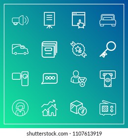 Modern, simple vector icon set on gradient background with chat, home, signal, web, increase, businessman, face, sign, box, girl, machine, video, click, camera, presentation, package, tripod icons