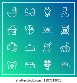 Modern, simple vector icon set on gradient background with white, trip, technology, communication, glasses, business, cell, home, call, bag, summer, navigation, cap, luggage, bikini, woman, car icons