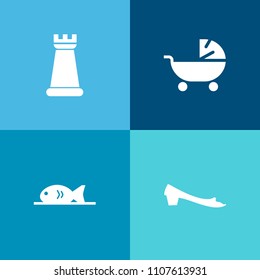 Modern, simple vector icon set on colorful background with king, queen, coffee, baby, mother, pram, piece, restaurant, knight, rook, competition, shoe, parent, castle, food, fashion, carriage icons