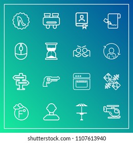 Modern, simple vector icon set on gradient background with communication, global, hanger, air, fashion, bar, search, helicopter, oven, door, spy, light, profile, circle, internet, satellite, gun icons