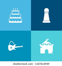 Modern, simple vector icon set on colorful background with sugar, musical, black, fortress, sweet, old, guitar, fort, medieval, food, rook, bakery, ancient, queen, cream, sound, knight, game icons