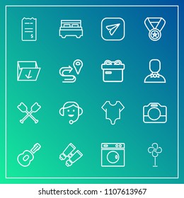 Modern, simple vector icon set on gradient background with air, white, paddle, music, water, film, business, washer, machine, paper, bed, fashion, oar, video, search, camera, fan, handle, boat icons