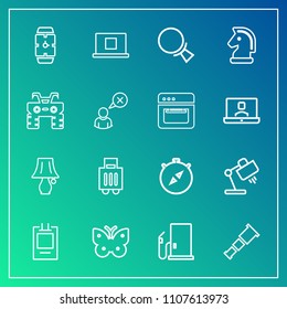 Modern, simple vector icon set on gradient background with nature, wing, switch, gas, sign, home, badge, luggage, compass, telescope, table, airport, bulb, sky, east, space, time, watch, clock icons