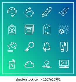 Modern, simple vector icon set on gradient background with sign, key, landscape, interior, knight, house, door, sword, morning, ring, lamp, glass, hygiene, bank, sunrise, security, cocktail, sun icons
