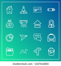 Modern, simple vector icon set on gradient background with tape, space, file, email, chart, gun, estate, bullet, direction, architecture, white, science, arrow, bucket, cassette, business, paper icons