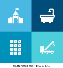 Modern, simple vector icon set on colorful background with white, snack, transportation, male, history, kingdom, tow, castle, fort, tower, brown, sweet, food, silhouette, road, help, bar, home icons