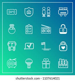 Modern, simple vector icon set on gradient background with laboratory, sky, coupon, television, medicine, analysis, ticket, leather, parachute, technology, gift, bus, style, house, object, blue icons